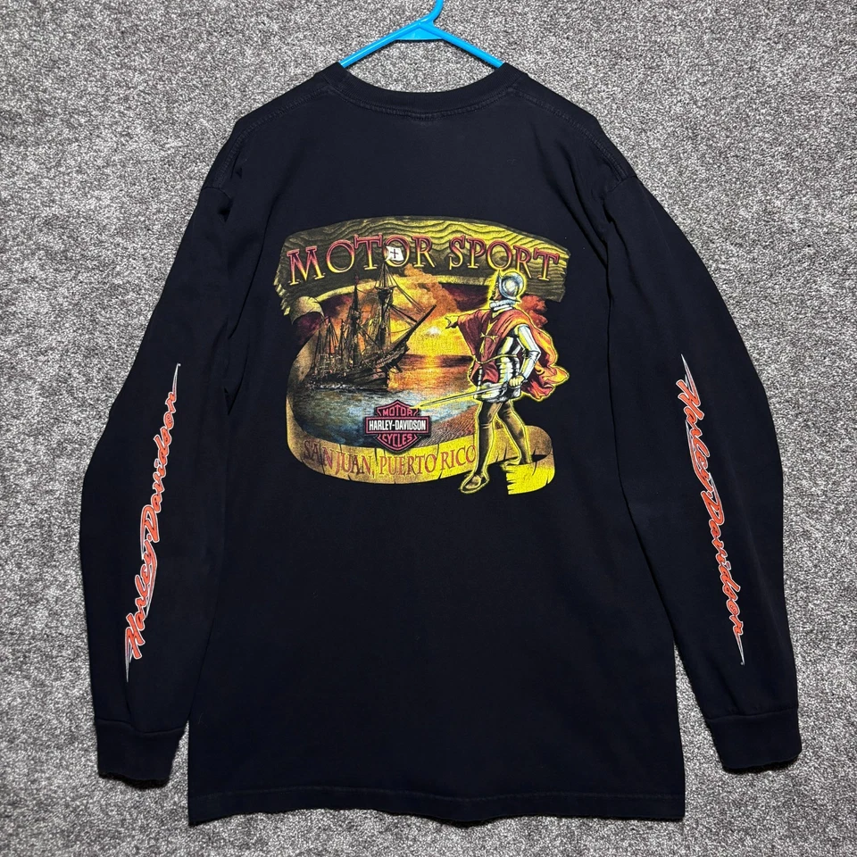 Harley Davidson Long Sleeve Fire Pirate Puerto Rico Graphic 90s XL USA Vintage  - Image 1 of 4