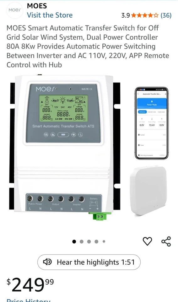 Interruptor de transferencia automática inteligente Moes ATS 80A 8KW 110/220V Foto 1 de 1