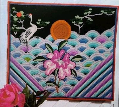 Vintage Chinese Tapestry Chinoiserie Needlepoint Canvas 19x17 Peony Crane Sun - Image 1 of 4