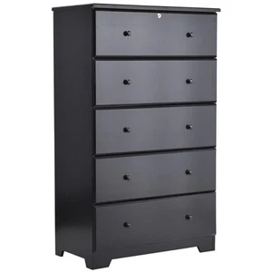 Pemberly Row Contemporary 5-Drawer Solid Pine Wood Chest Dresser in Black - Picture 1 of 7