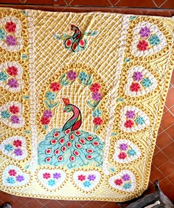 Vintage, 98" L x 86" W Teal & Yellow Peacock on Sunshine Cover, 100% Cotton - Picture 1 of 5