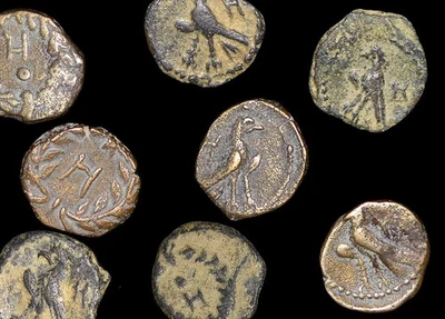 Conjunto de 2 moedas - grego antigo Nabateia Aretas IV rainha Shaqilath (9 aC–40 dC) - Imagem 1 de 2