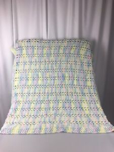 Crocheted Afghan Blanket 50” x 40” Pastel Green Throw Yellow Pink Blue Vintage