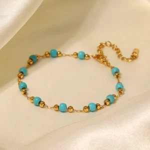 Woman 18K Gold Plated Stainless Steel Simulated Turquoise Bead Ball Bracelet 9'' - Picture 1 of 5