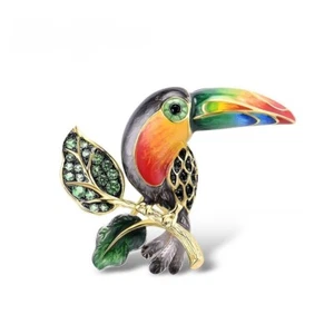 Toucan Bird Brooch 925 Sterling Silver Yellow Gold Plated Handmade Enamel Women - Picture 1 of 11