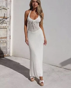 White Crochet Beach Cover Up Maxi Dress, Knitted Summer Dress - Size M (UK 10) - Picture 1 of 5
