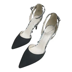 Marc Fisher Heels Size 10 Black Velvet Snake Print Pointy Toe Ankle Straps - Picture 1 of 8