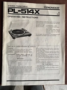 Notice - MODE D'EMPLOI - Platine PIONEER PL-514X HG ou Q - EN ANGLAIS - Photo 1/1