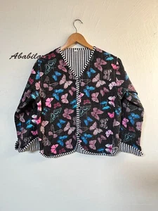 XL Size Black Butterfly Printed Cotton Quilted Jacket Vintage Reversible Jacket - Picture 1 of 5