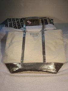 Victoria's Secret Sparkle Beige Canvas Zipper Gold Sequin Tote Bag - Picture 1 of 12