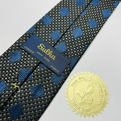 SULKA Brown&Black Woven Silk Tie w Dark Blue Squares 60.5x3.25” NWOT  - Image 1 of 4