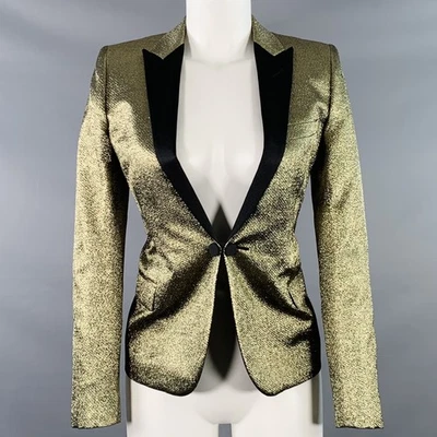 SAINT LAURENT Size 4 Gold Black Polyester Blend Tuxedo Jacket Blazer - Image 1 of 4