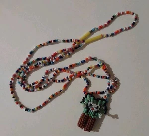 Vintage Native American Chief Doll Turquoise White Seed Bead Flower 24" Necklace - Picture 1 of 1