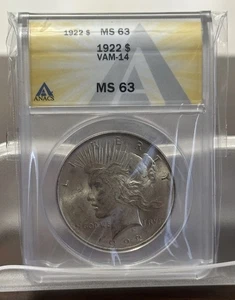 Dólar de la paz 1922 MS63 VAM14 7415300 Philadelphia ANACS #7415300 sin circular - Imagen 1 de 4