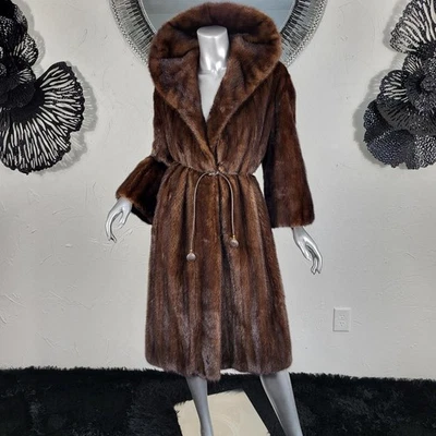 VINTAGE XL/1X~RANCH MAHOGANY BROWN GENUINE REAL FULL LENGTH MINK FUR COAT - Image 1 of 4
