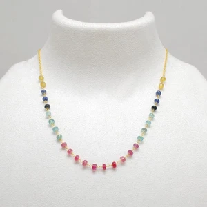 5mm Multi Sapphire Rondelle Faceted Gemstone Beads 925 Sterling Silver Necklace - Picture 1 of 7