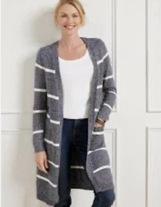 Talbots Marled Knit Duster Cardigan Open Front LP Sweater Black White Office Cas - Picture 1 of 8