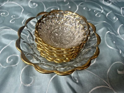 Vintage Depression Glass Fruit Bowls 7pc Set Jeanette Clear Thumbprint Gold Trim - Image 1 of 4