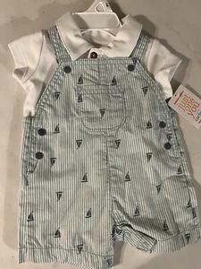 NWT Carter’s Baby 0- 3 Months Short Sleeve White Shirt Blue Sailboat Overalls - Picture 1 of 4