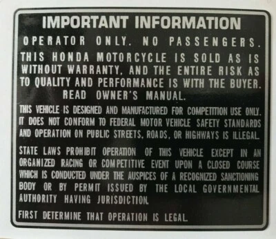 CALCOMANÍA ADVERTENCIA DE ADVERTENCIA HONDA CR125R CR250R CR500 GUARDABARROS TRASERO Foto 1 de 2