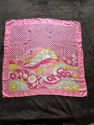 Vtg Signed Burmel 73 Vinal 27  Bright Pink Silk Blend Scarf flower drawing 1970s - Image 1 of 4