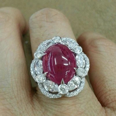 Red Cabachon Ruby  Lab Created Ring White Halo Cocktail Party Wedding Ring - Image 1 of 2