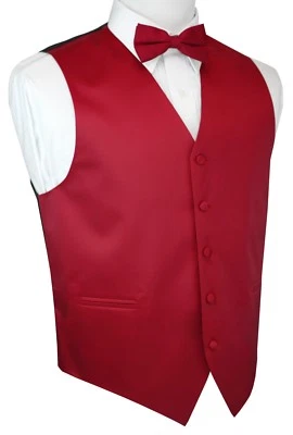 Men's Red Satin Tuxedo Vest & Bow-Tie Set. Formal, Dress, Wedding, Prom  - Image 1 of 4