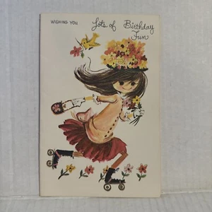Vintage 1950s Birthday Card Unused Long hair girl on rollerskates with flowers - Bild 1 von 3