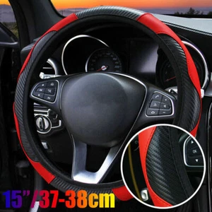 Red Car Steering Wheel Cover Carbon Fibre Breathable Anti-slip Protector For 15" - Picture 1 of 15
