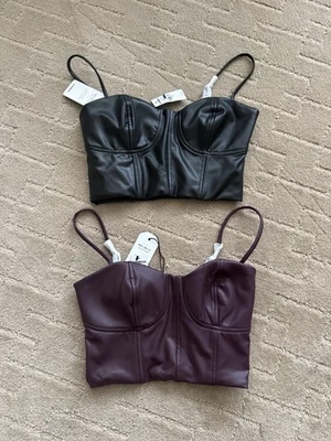 Lot of 2 NWT Express Faux Leather Corset Crop Top XS in Black & Wine — 第 1/4 张图片