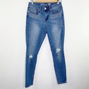 Seven7 Light Wash Blue Pearl Embellished Mid-Rise Skinny Jeans Women's Size 4 - Picture 1 of 9