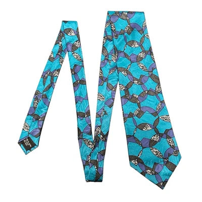"Corbata de seda vintage años 80 Jane Barnes azul verde azulado abstracta 57""" Foto 1 de 4
