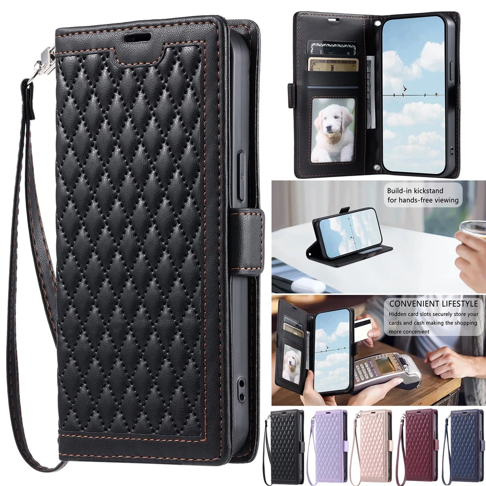 Grid Leather Wallet Phone Case For OnePlus 7 8 9 10 11 12 1+ Nord 2 3 CE 4 N200 - Image 1 of 4