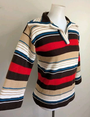 Vintage 70s Womens Stripe Acrylic Sweater Groovy Mod Retro Collar Bell Sleeve S - Image 1 of 4