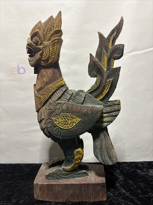 Vintage RARE Hand Carved Wood Fu Lion Foo Dog Folk art Statue 18.5” Bird Rooster - Image 1 of 4