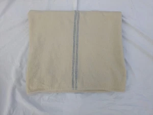 Coperta vintage pura lana 100% queen size 74x93 avorio con righe blu - Foto 1 di 11