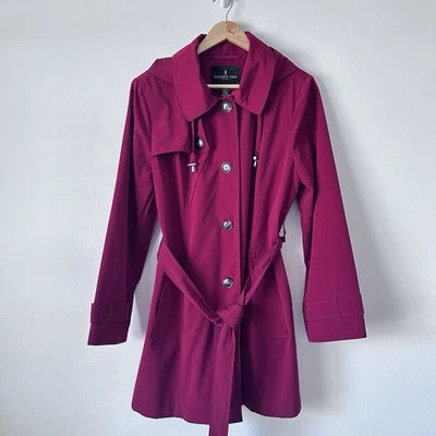 London Fog Womens L Rain Trench Coat Cranberry Red Button Belted Removable Hood - Image 1 of 4