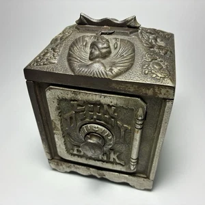 Antique Iron Coin Bank w Angels & Grapes w/ Combination Safe Grey Cast Iron Toy - Picture 1 of 19
