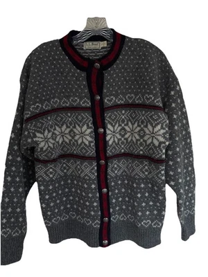 Cardigã feminino vintage LLBEAN suéter férias flocos de neve L cinza/branco mistura de lã - Imagem 1 de 4