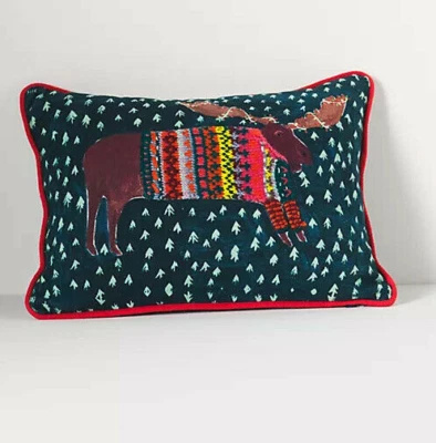 Anthropologie Moose Embroidered Sweater Pillow Christmas Antlers Woodland NEW - Image 1 of 3