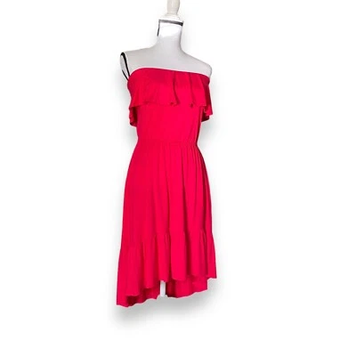 Three Dots Ruffled Strapless Midi Dress Sz S Pinkish Red Stretch Jersey Beachy - Image 1 of 4