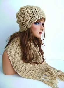 3 PIECE TAN HAND CROCHET EARFLAP & FLOWER  HAT AND SCARF SET PERUVIAN STYLE HAT - Picture 1 of 12