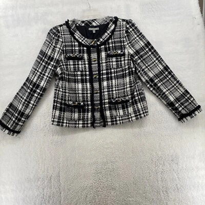 NY Collection Women's L Black & White Plaid Jacket Button Up 4 Pockets Raw Trim Foto 1 de 4