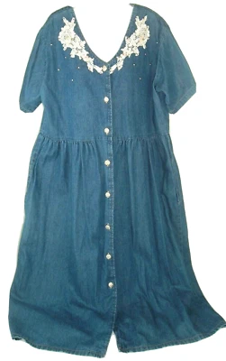 Vintage Jean Dress Denim L Button Front Floral Lace Embellished Boho westerncore - Image 1 of 4