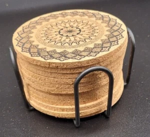 12pcs Buddhist Mandala 4 Design Round Shape Wooden Cork Coasters with Holder - Picture 1 of 6