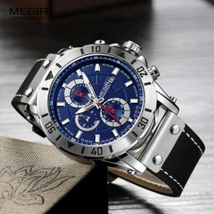 MEGIR Men's Chronograph Quartz Watches Leather Strap Army Sports Wristwatch - Picture 1 of 13