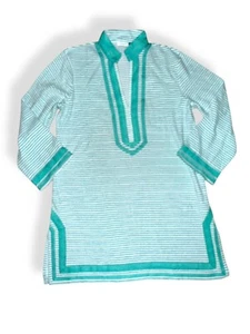 NWOT CABANA LIFE Terry Cloth Tunic Dress Swim Coverup Long Slv Green Stripe sz L - Picture 1 of 9