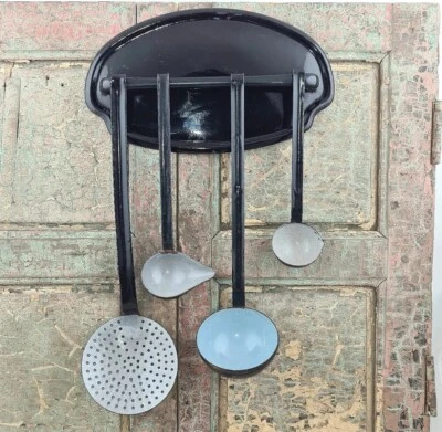 Enamel Spoon Utensils Rack with Spoons Enamelware Wall Holder Black Offwhite - Image 1 of 4