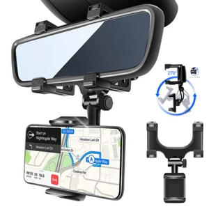 Car Rear View Mirror Phone Holder Mount for iPhone 17 16 15 Samsung S25 S24 S23+ - Picture 1 of 12