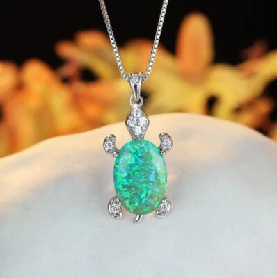 Sparking Xmas Gift Turtle Oval Green Fire Opal Zirconia Silver Necklace Pendants - Image 1 of 4